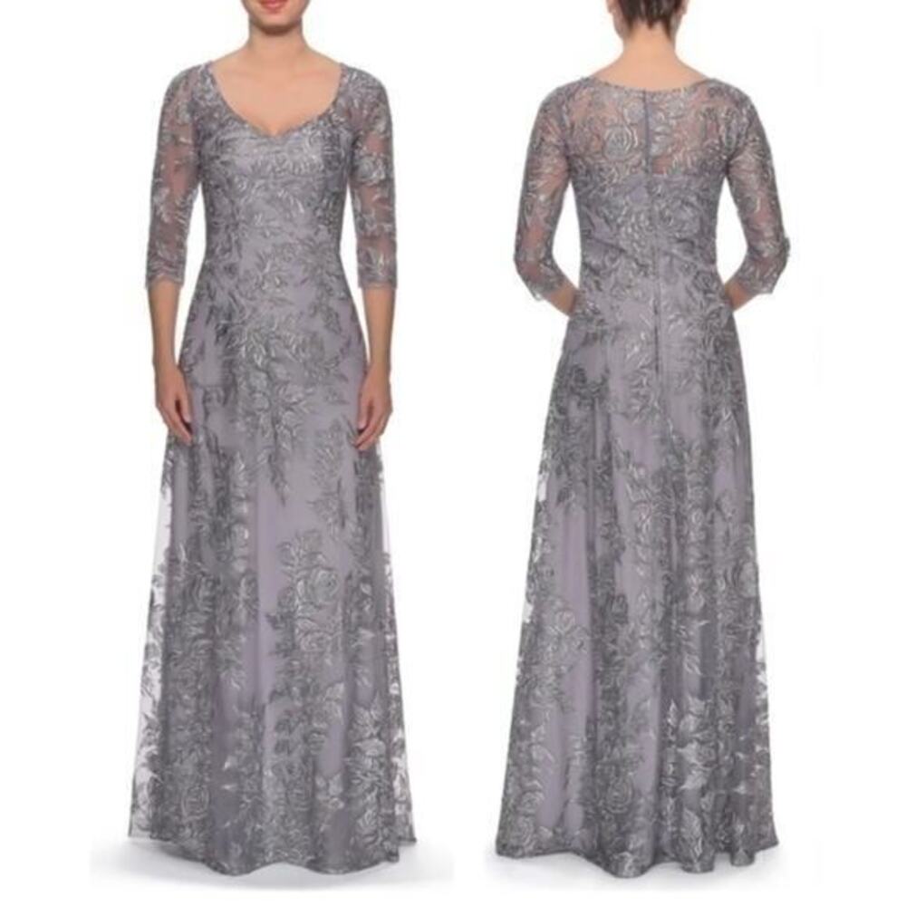 La Femme Silver Embroidered Mesh A-Line Formal Gown Size 6 NWT Mother of Bride